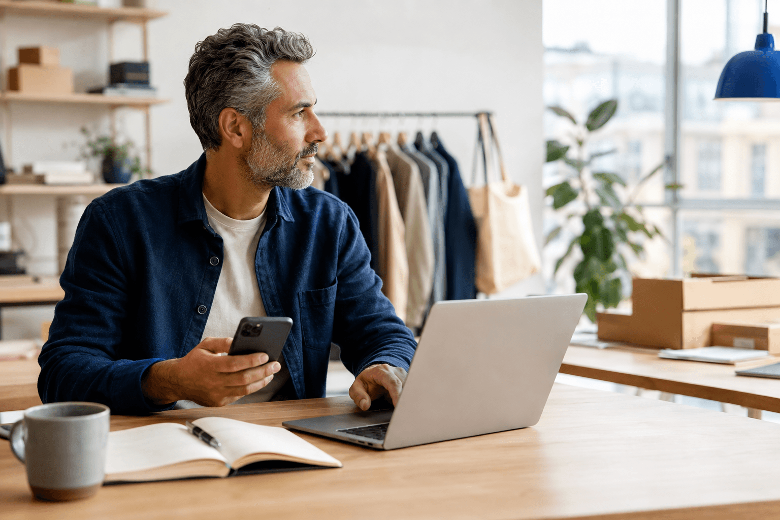 Illustrative entrepreneur checking a laptop and phone in a sunlit studio
