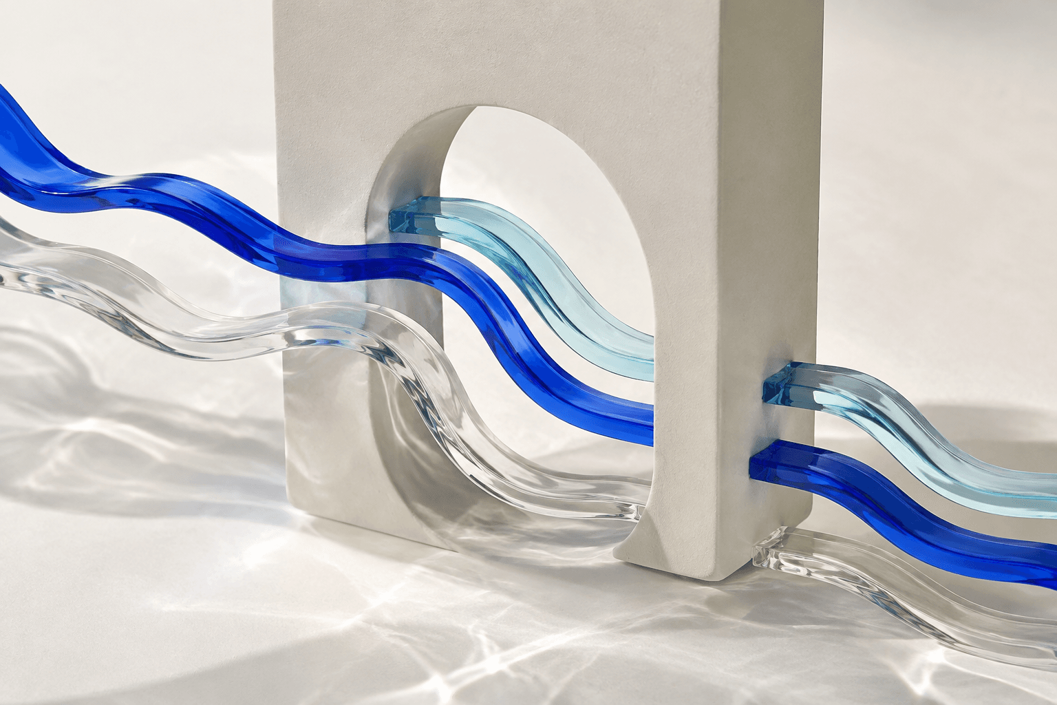 Clear and blue glass ribbons passing through an ivory frame, a conceptual study of currency conversion