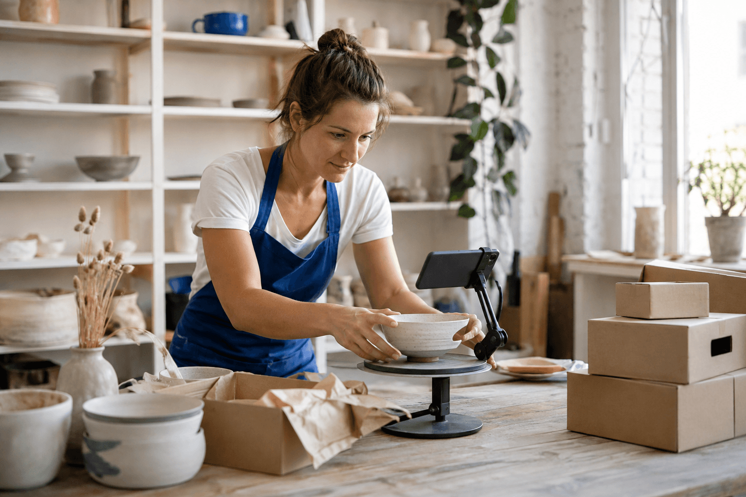 Illustrative independent ceramicist photographing a product for an online marketplace