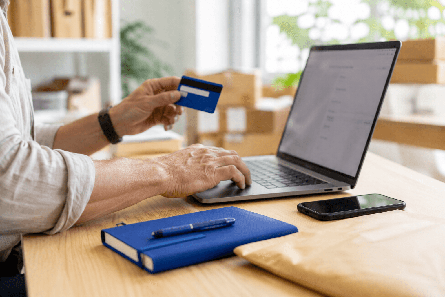Illustrative business owner reviewing payments on a laptop beside a phone and order folder