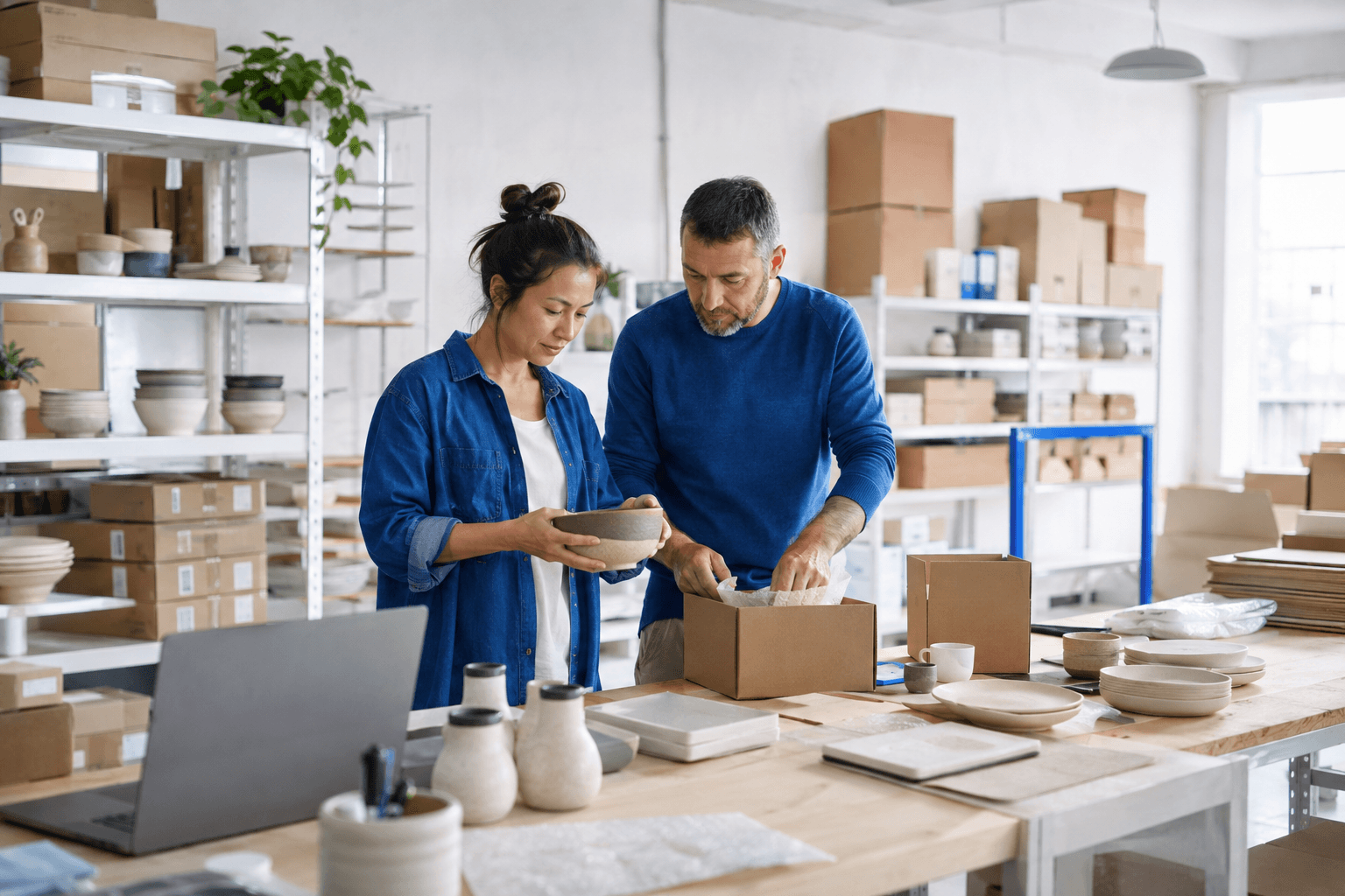 Illustrative business operators preparing homeware shipments at a fulfillment workbench